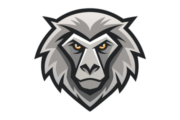 Detailed monkey head showcases gray fur and piercing orange eyes in a format