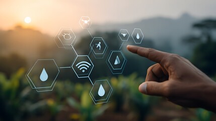 Hand pointing at a network of agricultural data visualizations.