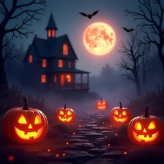 Halloween Banner Background with Haunted House, Glowing Pumpkins, and Spooky Night Forest