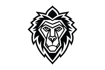 A striking black and white lion head features a stylized, geometric mane outline