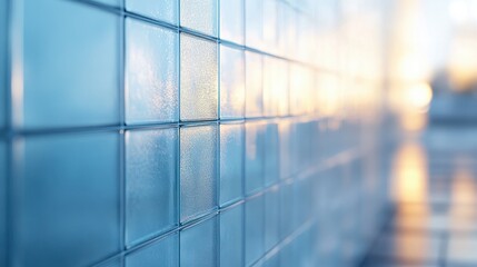 Abstract Close-Up of a Blue Tile Wall Glimmering with Reflections from Sunset Light in a Modern Bright Space