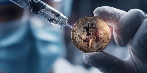 Gloved hand holds Bitcoin coin while syringe approaches, symbolizing intersection of cryptocurrency and biomedical innovation