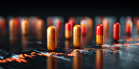 Collection of orange and red capsules is displayed on digital surface with glowing data patterns, symbolizing intersection of technology and medicine