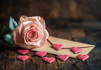 Romantic Arrangement with Pink Rose and Heart-shaped Candies on Rustic Wooden Surface