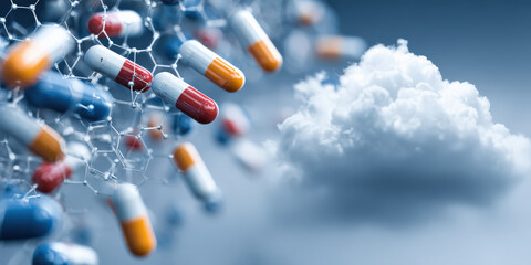 Floating capsules and molecular structures symbolize intersection of cloud computing and biotech drug discovery. image conveys innovation and futuristic healthcare