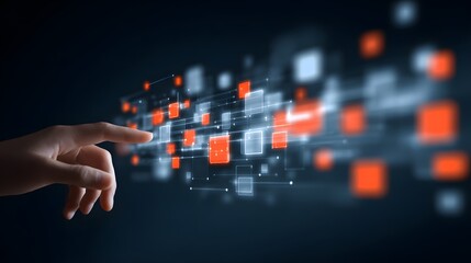 Hand interacting with a digital interface of overlapping geometric shapes.