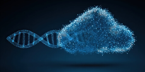 Digital representation of DNA strand and cloud network symbolizes intersection of biotechnology and cloud computing, highlighting innovation in data security and drug discovery