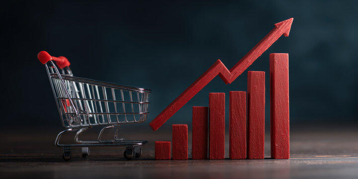 Shopping cart is placed next to red upward arrow and bar graph, symbolizing growth in e commerce and financial markets. image conveys consumer behavior trends and economic progress
