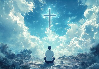 Serene Spiritual Moment with Person Meditating Under Cross in Beautiful Sky and Clouds