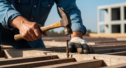 Close Up Of Construction Worker Hands Hammering Nail Into Wood Plank Outdoors