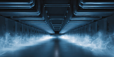 Futuristic data center with illuminated cooling systems and pipes creates high tech atmosphere. blue lighting and misty effect enhance modern and advanced feel