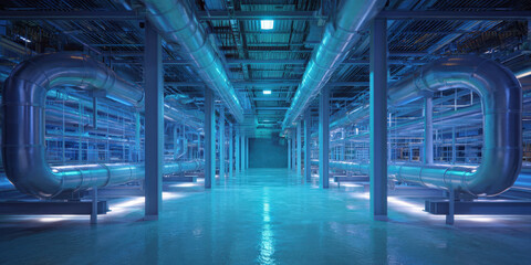 Futuristic data center features illuminated cooling systems with sleek metal pipes and high tech ambiance. blue lighting creates modern and efficient atmosphere