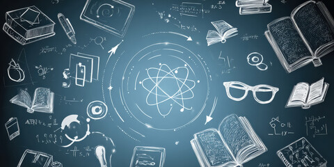 Digital illustration features central atomic symbol surrounded by various educational elements like books, glasses, and mathematical formulas, symbolizing integration of science and learning