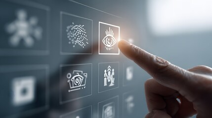 Fingertip interacting with a futuristic user interface.