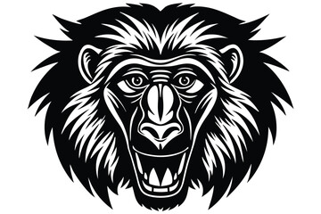 Fierce baboon head shows a stylized black and white face with an aggressive expression