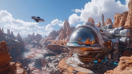 Futuristic Spacecraft Overlooking Alien Landscape with Dramatic Clouds and Red Rock Formations