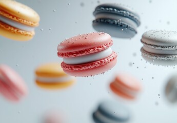 Colorful macarons floating in air with bubbles, showcasing elegance and vibrancy in dessert photography