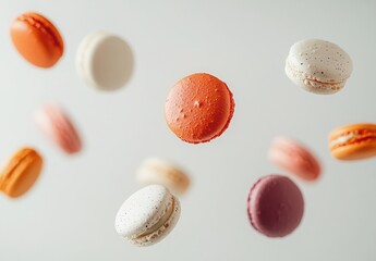 Colorful French Macarons Floating in the Air Against a Light Background