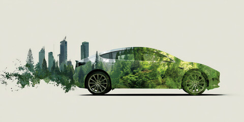 Sleek electric vehicle is creatively blended with lush green forests and urban skyscrapers, symbolizing sustainability and eco friendly transportation. image conveys sense of harmony between