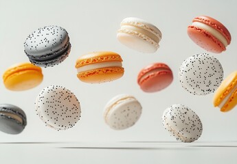 Colorful Macarons in Air with Speckled Design Capturing a Sweet and Playful Moment of Confectionery Delight