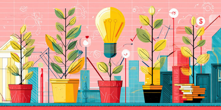 Illustration of potted plants and light bulb symbolizing growth and innovation in business context. background features graphs and charts, suggesting economic progress and entrepreneurship - Powered by Adobe