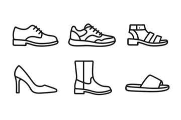 Outline illustrations of various shoes including sneakers and sandals