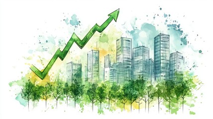 Green Growth Concept with Skyscrapers and Upward Arrow Illustrating Economic Development and Sustainability