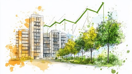 Urban Development Growth Concept with Dynamic Cityscape and Chart Representation of Economic Progress