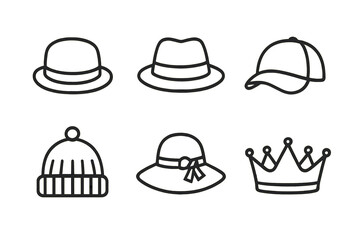 Fototapeta premium Outline icons of various hats including fedora, beanie, and crown