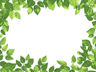 Fototapeta premium A lush frame of vibrant green leaves creates a border on a clean white background. The leaves are of various sizes and are illuminated by a soft, natural light.