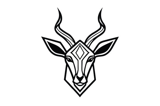 A geometric springbok head with black outline is beautifully portrayed against white backdrop