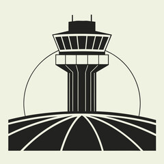Stylish Monochrome Illustration: Airport Control Tower and Runway, Geometric Design, Minimalist Air Travel Concept, Modern Graphic, Serene Atmosphere, Professional Aviation Image.