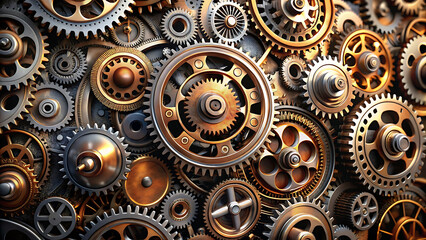 Abstract mechanical gears with bronze and chrome texture in industrial style