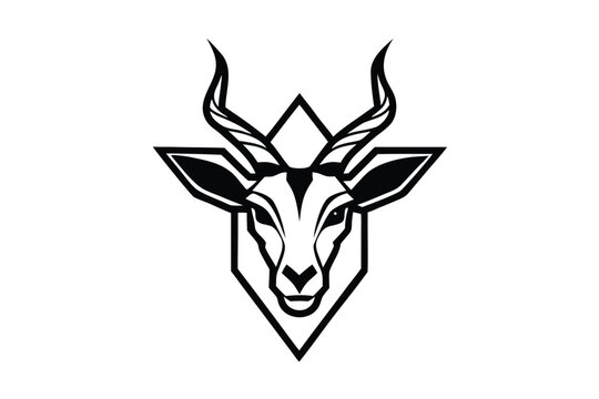 A stylized springbok antelope head appears inside geometric triangle shapes in a artwork