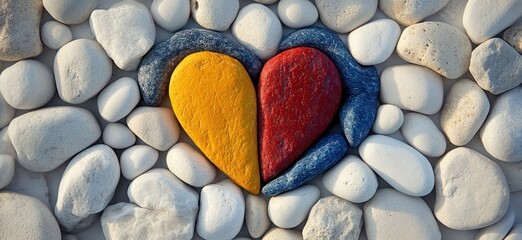 Colorful Heart Shape Made of Stones Surrounded by White Pebbles on a Natural Background