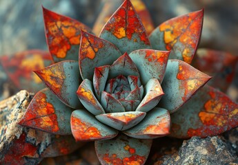 Close-Up of Vibrant Succulent Plant with Unique Color Patterns on Leaves and Natural Background of Rocks