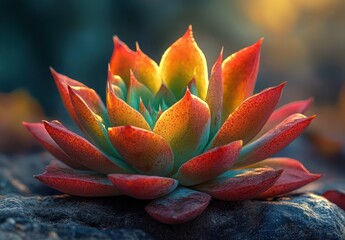 Vibrant Succulent Plant with Colorful Leaves Displaying Natural Beauty in Warm Light for Botanical Illustrations and Home Decor