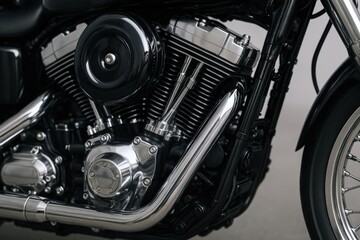 Close-up of a Motorcycle Engine with Chrome and Black Detailing, Showing Mechanical Components and Design