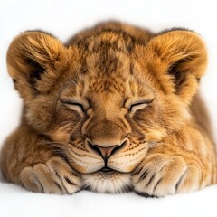 Adorable Lion Cub Sleeping Peacefully with a Soft Expression on a Soft White Background