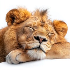 Majestic lion resting peacefully with closed eyes showcasing its magnificent mane and serene expression in soft light setting