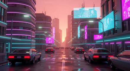 A futuristic cityscape with neon lights and cars driving down a wet street at sunset.