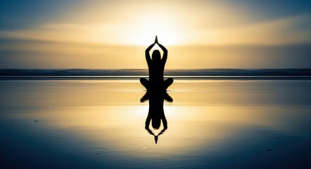Silhouette of a Woman Meditating at Sunset: Yoga, Spirituality, Wellness and Mindfulness by the Water