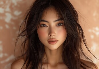 Portrait of a Young Woman with Long Dark Hair and Natural Makeup Against a Soft Textured Background