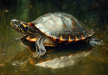 Colorful Turtle Resting on Still Water Surface Reflecting Its Beautiful Shell Patterns in Nature