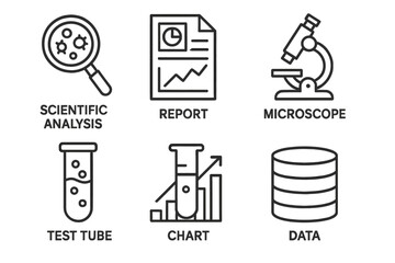 Scientific analysis icons: report, microscope, test tube, chart, data