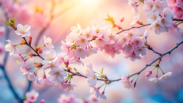 Delicate cherry blossom branch in full bloom with soft pink petals