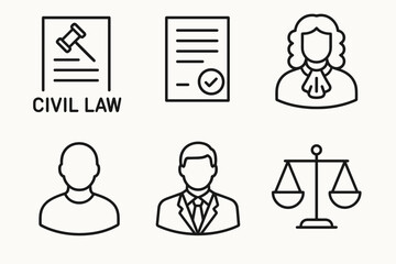 Legal icons set featuring civil law, document, male professionals, justice scale, and judge portrait