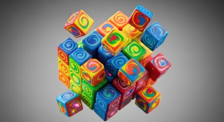Deconstructing Cube of Vibrant Blocks with Hypnotic Swirl Patterns