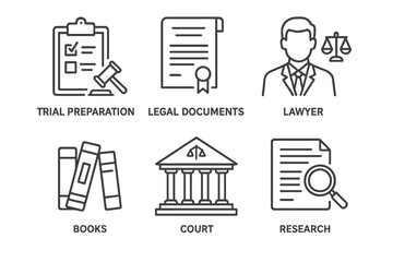 Legal services icons set featuring lawyer, court, books, legal documents, and research