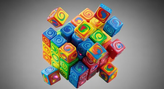 Deconstructing Cube of Vibrant Blocks with Hypnotic Swirl Patterns